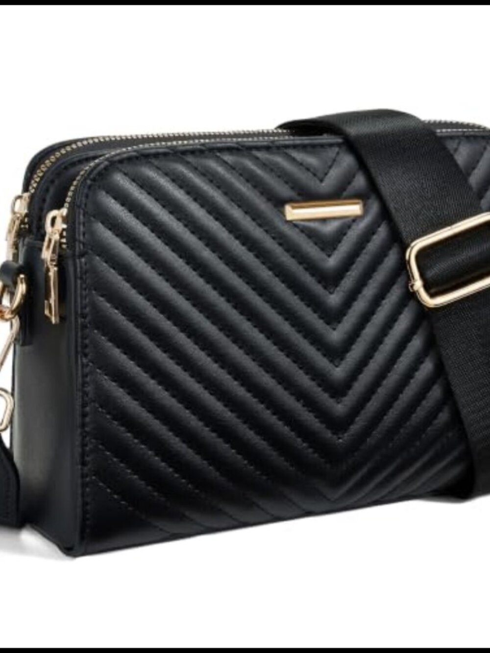 Vegan Leather Chevron Quilted Crossbody Bag Wide Strap Small Purse